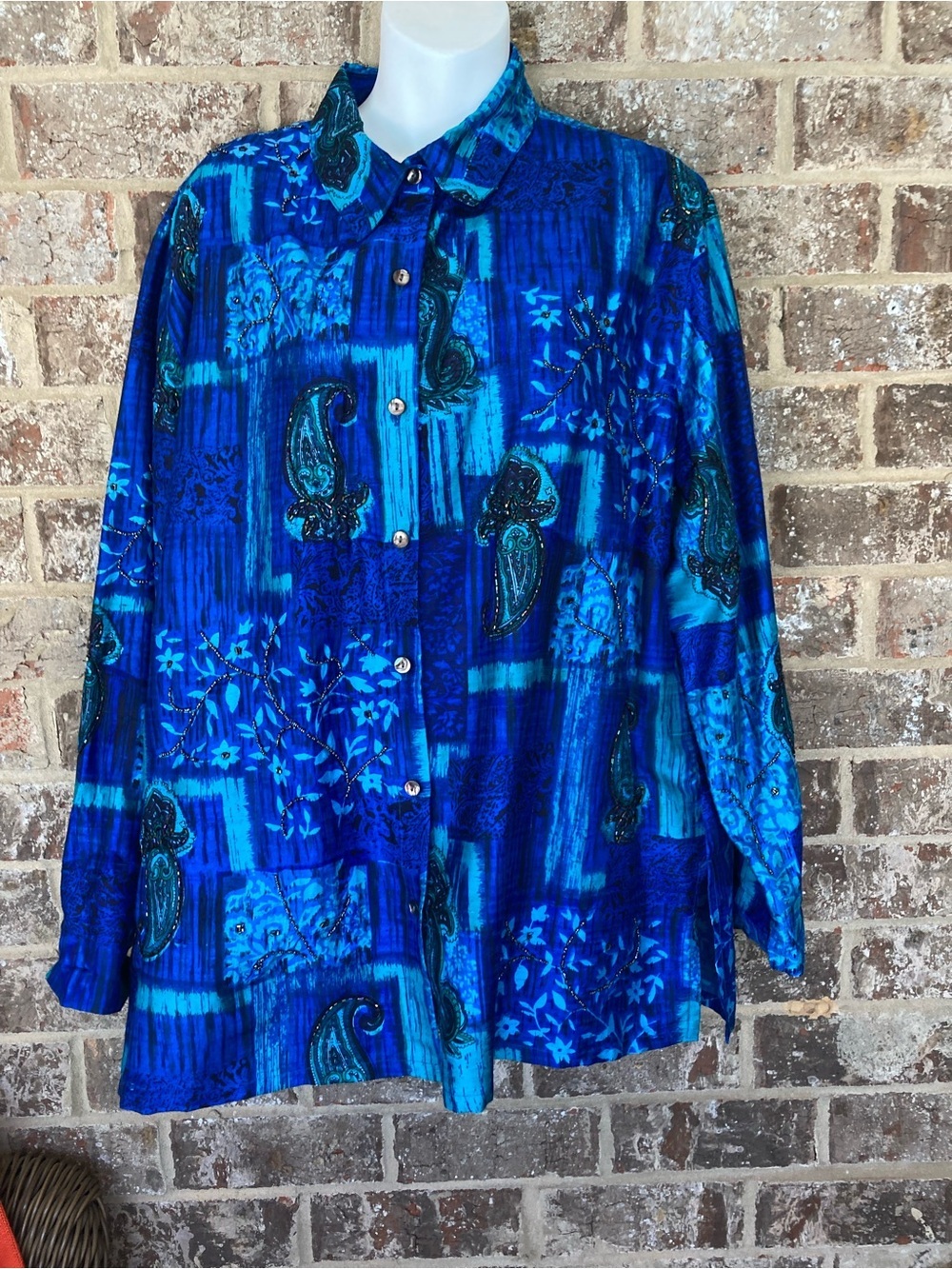 Chico's Design 100% Silk Raw Blue Green Beaded Blouse Jacket Size XL